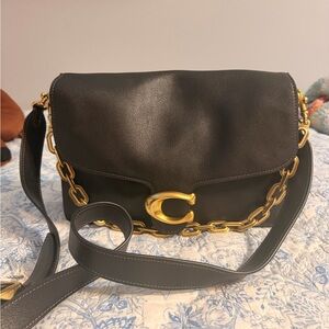 Coach Black Leather Shoulder Bag with Gold Chain Accent